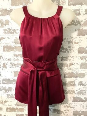 Ann Taylor Silk Halter Top Burgundy Tie Waist Peplum Blouse 12P day to night